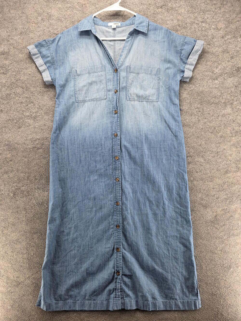 SONOMA Shirt Dress Womens M Blue Chambray Collared Button Midi Pockets